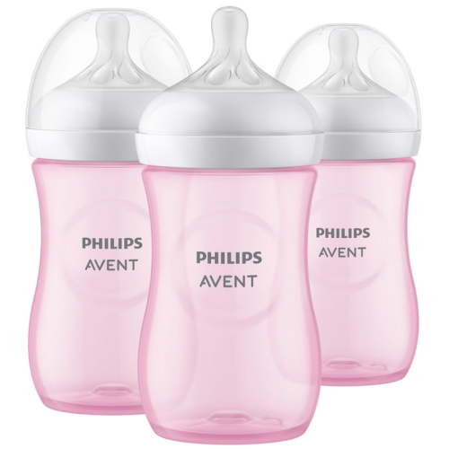 Avent 3-Pack Ergonomic Natural Wide-Neck Bottles (9 oz.) - Anti-Colic, Easy Latch, Pink