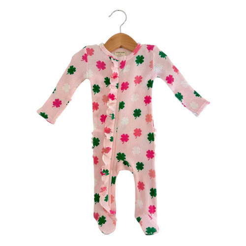 Organic Waffle 2-Way Zip Ruffle Footie, Pink Clover