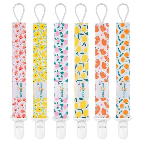 Babygoal Floral Pacifier Clips, 6 Pack Binky Paci Holder Clips and Leash for Boys and Girls Fits for Most Pacifier, Binkie Styles & Baby Teethers & Toys and Gift 6PS14 - Lemon and orange