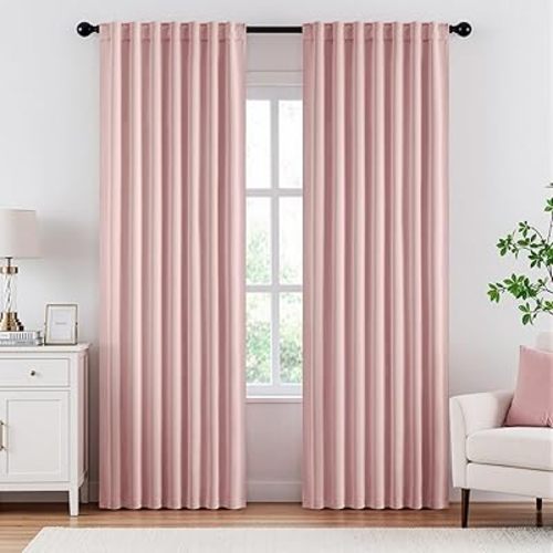 ANRODUO Rod Pocket and Back Tab Pleated Blackout Curtains Light Pink Curtains 84 Inches Long 2 Panels, Thermal Insulated Room Darkening Living Room Bedroom Curtain, 52x84 Inches