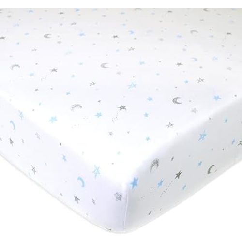 American Baby Company Fitted Crib Sheet 28" x 52", Soft Breathable Neutral 100% Cotton Jersey Sheet, Blue Stars and Moons, for Boys and Girls, Fits Crib and Toddler Bed mattresses
