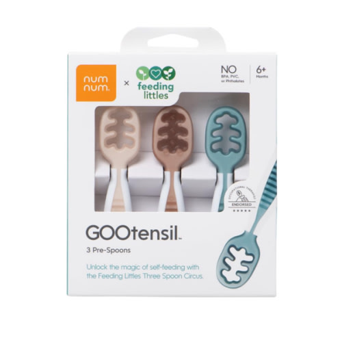 NumNum Baby Spoons Set, Feeding Littles x Silicone Pre-Spoon GOOtensils for Baby Led Weaning, Self-Feeding & Teething, First Stage Toddler Utensils for Ages 6+ Months, 3-Pack, BPA-Free (Neutrals)
