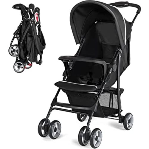 Baby Joy Lightweight Stroller, Compact Toddler Travel Stroller for Airplane, Infant Stroller w/Adjustable Backrest/Footrest/Canopy, 5-Point Harness, Storage Basket, Easy One-Hand Fold, Black