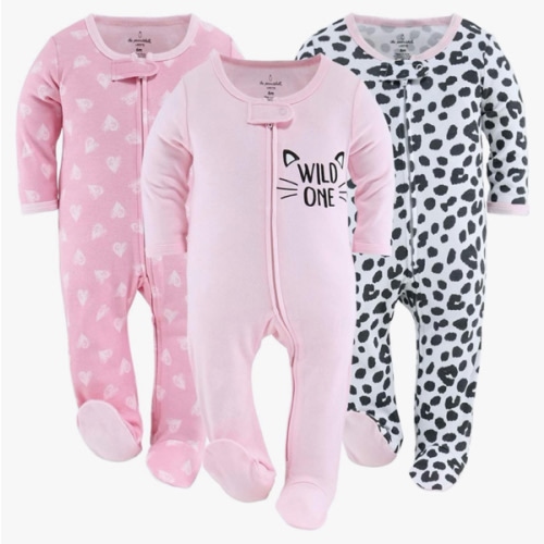 The Peanutshell Footed Sleepers for Baby Girls, Cheetah & Pink Hearts, Newborn to 12 Month