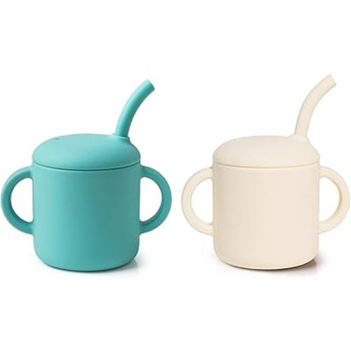 Silicone Baby Cup with Straw, Straw Cup for 6 months+ old, Leak Proof Silicone Baby Training Cup 6 fl oz (Green+Beige)