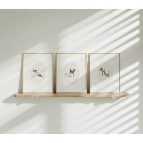 Vintage Fawn Bunny Nursery Wall Art, Set of 3, Size 12”x18”
