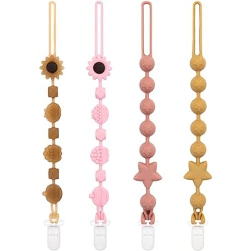 Babygoal Silicone Pacifier Clips 4 Pack,Pacifier Holder Clip for Baby Boy Girl Fits All Pacifier,Binky,Teething Toys and Teether-Sunflower Color