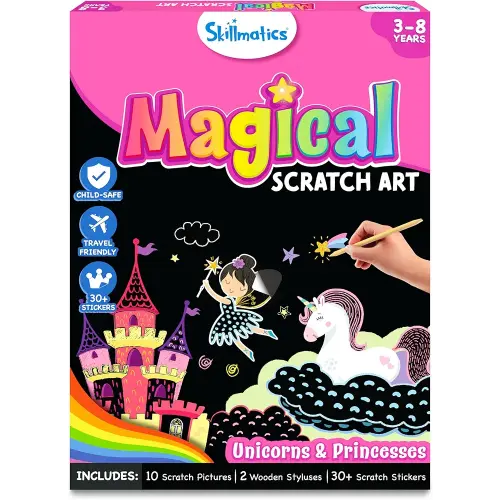 Skillmatics Scratch Art Book for Kids - Unicorns & Princesses, Craft Kits & Supplies, 30+ Scratch Stickers, Travel Toys, DIY Kit, Valentine’s Day Gifts for Girls & Boys Ages 3, 4, 5, 6, 7, 8