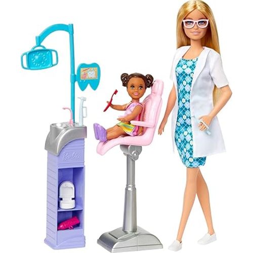 Barbie Careers Playset, Dentist Set with Blonde Fashion Doll & Patient Small Doll, Exam Chair, Sink Station & Accessories