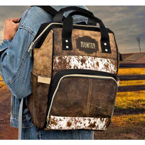 Cowhide Print Western Style Diaper Backpack, Cowboy Baby Bag, Personalized Travel tote, Distressed Leather Print, Multifunctional Diaper Bag