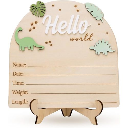 Baby Announcement Sign, 6 in Wooden Hello World Newborn Sign, Dinosaur Theme Birth Stats Board, Hospital Announcement for Baby Boy, Infant Name Prop, Nursery Decor