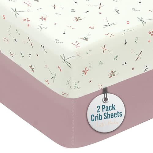 Little Peaches Baby Girl Crib Sheets – 2 Pack Fitted Bedding Essentials, Super Soft Stretch Knit for Crib & Portable Mattress – Butterfly & Lilac