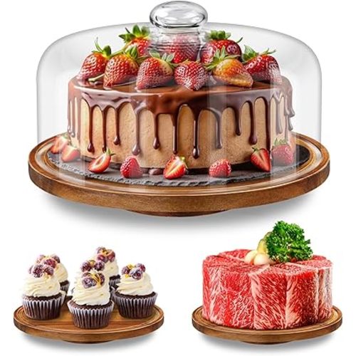 Yangbaga 11IN Wood Cake Stand with Dome Lid, Rotating Cake Stand with Glass Dome- Cake Plate with Cover for Baking Gifts/Birthday Kitchen/Party/Weddings