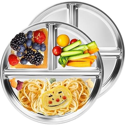 Stainless Steel Kids Plates 2 Packs, 9" Portion Control Plate Divided Plates for Adults Bariatric Weight Loss & Diabetic Diet, [Non Toxic Unbreakable] Toddlers Lunch Dishes, Camping Food Tray
