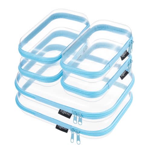 YQBRAO Clear Hard Shell Zipper Cases, 6 Travel Organizers, 2M 4S, Blue | Rigid clear shells in two practical sizes separate toiletries, skincare, cosmetics, chargers and frequently used accessories