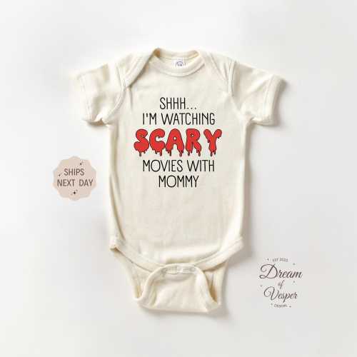Shhh... I'm Watching Scary Movies With MOMMY Onesie®, Movies Baby Bodysuit, Cute Baby Clothes, Baby Shower Gift, Natural Baby Onesie®