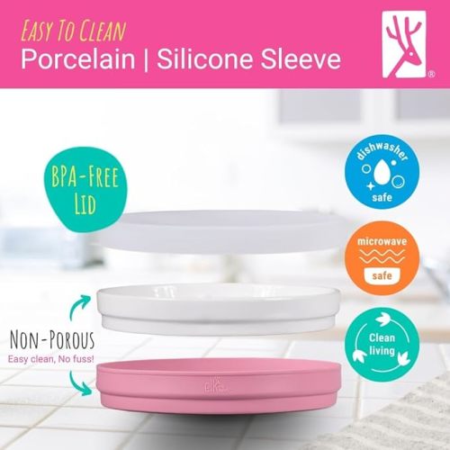 Elk and Friends Kids 6.7” Porcelain Divided Plates with Silicone Sleeves + Silicone Lids | Suitable for Babies/Kids/Toddlers | Microwave & Dishwasher Safe | Non Slip | Snack Dishes
