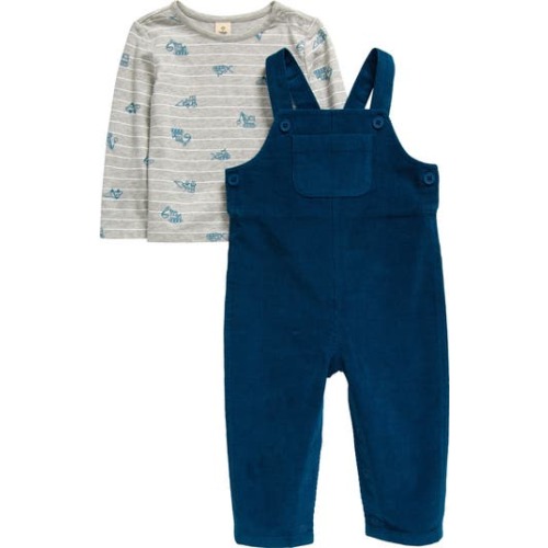 Print Long Sleeve Cotton T-Shirt & Corduroy Overalls Set, 6M