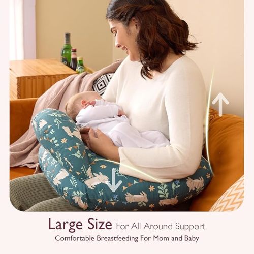 Momcozy Plus Size Nursing Pillows for Breastfeeding, Portable Nursing Pillow| Breastfeeding, Bottle Feeding, for Mom and Baby, More Support| Security Fence and Removable Cotton Cover - Rabbit Fairy Tales