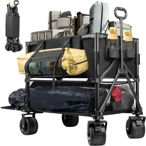 Double Decker Wagon 600lb Capacity & 400L Collapsible Sports Wagon with Big Wheels for Sand - 54" Extended Utility Folding Wagon Cart for Beach & Outdoor Use
