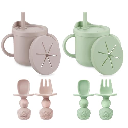 PandaEar 2 Pack Silicone Baby Straw & Snack Cup with 2 Spoons 2 Forks, Dual-Purpose Toddler Training Cups, Pink Green