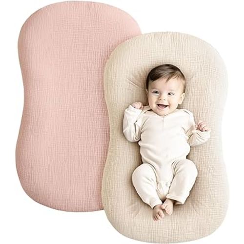 Konssy Muslin Baby Lounger Cover 2 Pack, 100% Cotton Newborn Lounger Cover, Soft and Breathable Lounger Slipcover for Boys Girls, Covers Only (Pink,Wheat)