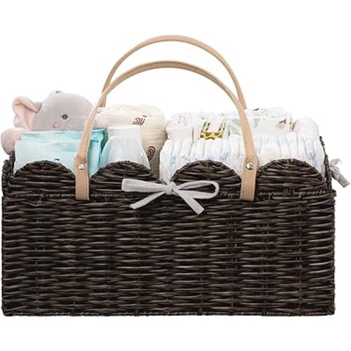 HBlife Baby Diaper Caddy Organizer, Large Portable Scalloped Plastic Wicker Woven Basket with Divider, Nursery Diaper Station, Baby Shower Gifts Basket, Car Organizer, Washable Waterproof
