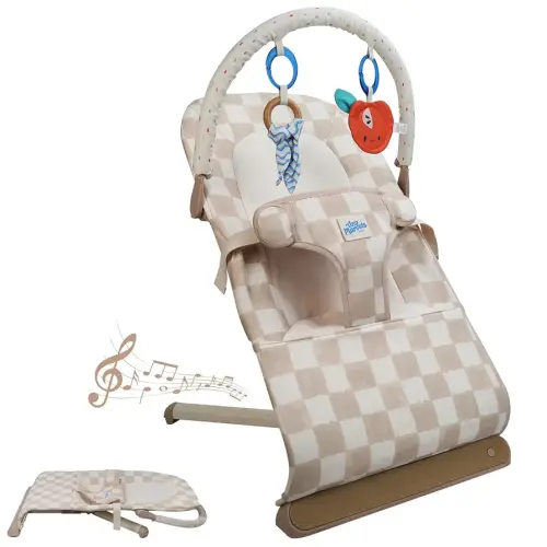 Baby Bouncer, 3-Point Harness Rocker Chair for Newborn Toddler, Portable Baby Bouncer Seat with Sensory Toys and Music, Compact & Comfort Infant Bouncer Sand Checks