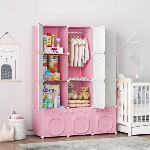 MAGINELS Kids Wardrobe Closet,Baby Girl Closet Cabinet with Door,Two Open Hanging Children Costume Area and 8 Cube Stroage. The First Choice for a Girl's Bedroom.Pink(42x14x56inch)