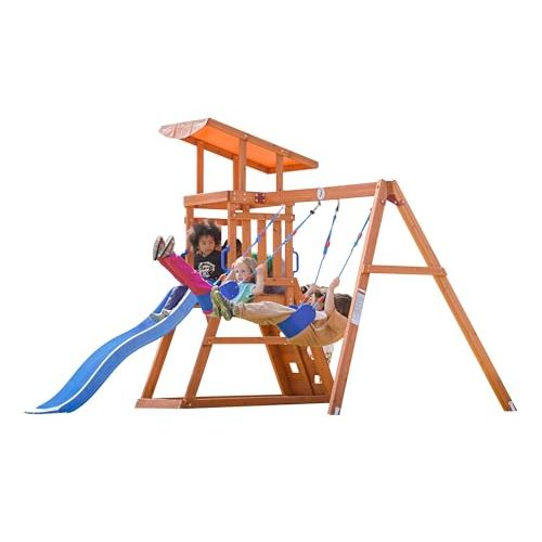 Dolphin Playground Wooden Swing Sets for Backyard, Playground Sets for Backyards with Slide, Sandbox, Climbing Wall, and 2 Belt Swings, Outdoor Playset, Backyard Playground Set, Ages 2-6