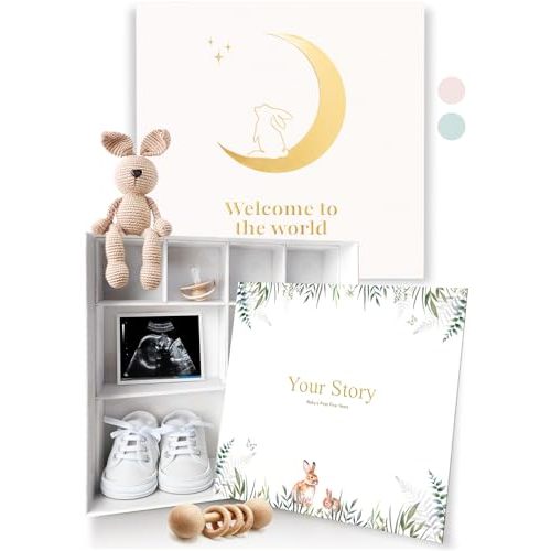 Baby Keepsake Box with Baby Memory Book - Baby Shower Gifts for Mom, Gender Reveal Gift Ideas - Cool Gifts for New Mom - Baby Journal Boy and Girl - Baby Books Keepsake First 5 Years, Scrapbook, Beige
