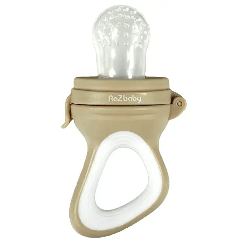 RaZbaby Baby Solids/Frozen Fruit Feeder Pacifier, Infant Teether Toy 6M+, BPA-Free Silicone Pouch & Nipple, Safely Introduce Solids, Natural Teething Relief, Dishwasher Safe, Freezable – Tan/White
