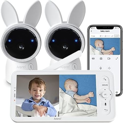 ARENTI Video Baby Monitor, Audio Monitor with Two 2K Ultra HD WiFi Cameras,5" Color Display,Night Vision,Cry Detection,Motion Detection,Auto Traking,Temp & Humidity Sensor,Two Way Talk,App Control