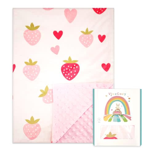 VivaCozy Baby Blanket for Girls Boys Unisex Neutral Strawberry Heart Pink Toddler Nursery Crib Throw Gift Blanket with Dotted Backing Double Layer 30 x 40 Inch