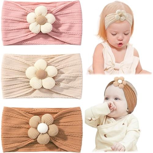 jollybows 3 Pcs Baby Girls Bows Flower Headbands Soft Nylon Hairbands with Bows Handmade Hair Accessories for Kids Toddlers Infants Newborn