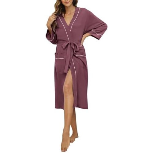 HEARTNICE Womens Cotton Robe, Soft Kimono Spa Knit Long Bathrobe Lightweight Loungewear