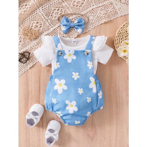Baby Girl Round Neck Solid Color Lace Detailed Casual Short Sleeve T-Shirt And Flower Printed Overalls Set, Spring/Summer