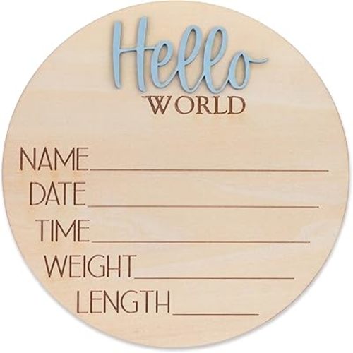 Hello World Wooden Baby Birth Announcement Sign, Newborn Name Date Time Weight Length Board, Neutral Nursery Decor Photo Prop Keepsake (Blue)