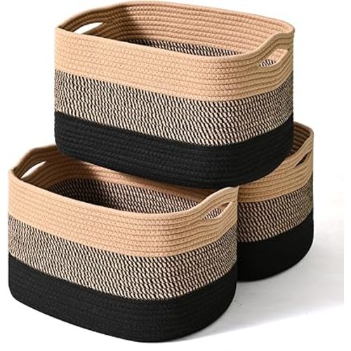 ICERZCZ Storage Baskets for Organizing Shelves, Decorative Baskets for Storage, Woven Cotton Rope Basket for Living Room Bedroom Nursery, 15"x11"x9.5", 3 Packs, Gradient Black & Jute
