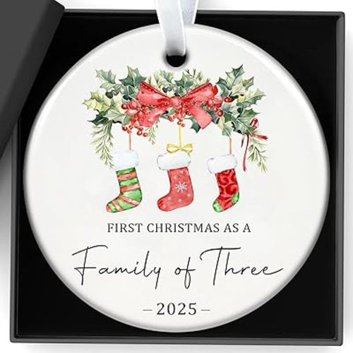Christmas Ornaments 2025,Our First Christmas As A Family of Three Ornament Unique Family Ceramic Baby 1st Xmas Ornaments New Parents Gifts for Couples Mom Dad Newborn Girls Boys Xmas Tree Decorations