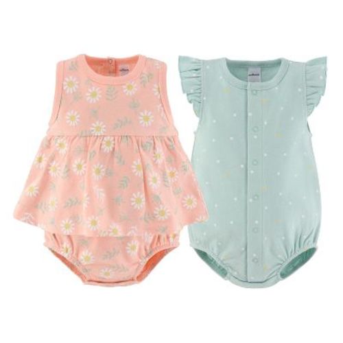 Baby Girl Rompers, 2pk - The Peanutshell® Daisy, Pink Green, 9-12 Months