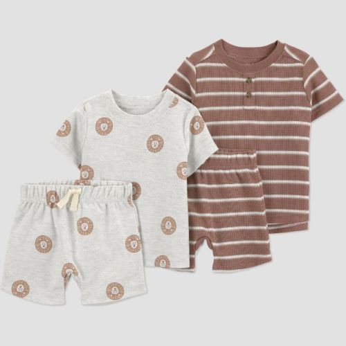 Carter's Just One You® Baby Boys' 4pc Striped Lion T-Shirt and Shorts Set - Gray/Brown 3M