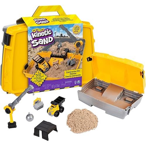 Kinetic Sand, Construction Site Folding Sandbox with 2lbs Play Sand & Toy Truck, Storage Case, Sensory Toys, for Kids Ages 3 and up