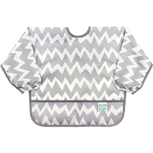 Bumkins Sleeved Bib for Girl or Boy, Baby and Toddler for 6-24 Mos, Essential Must Have for Eating, Feeding, Baby Led Weaning Supplies, Long Sleeve Mess Saving Food Catcher, Soft Fabric, Gray Chevron
