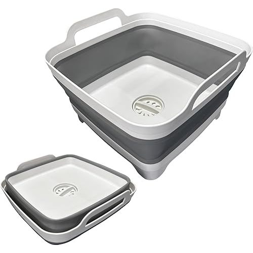 Collapsible Wash Basin, Space-Saving for Small Kitchen,Camping, RVs, Lightweight Collapsible Dish Pan 2.4 Gallons Foldable Handy Dish Tub with Drain and Handle