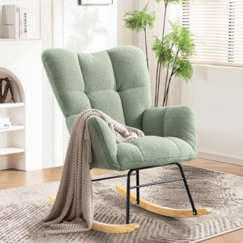 Teddy Rocking Chair Nursery 2 Side Pocket Accent Glider Baby Rocking Chair with Floor Protector for Nursery Room, Bedroom, Living Room, Small Space(Light Green)