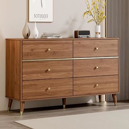 6 Drawer Dresser,47" Wide Mid Century Chest of Drawers,Wooden Bedroom Drawer Dresser with 6 Storage Drawers for Bedroom,Living Room,with Anti-Tipping Device,Walnut.HT