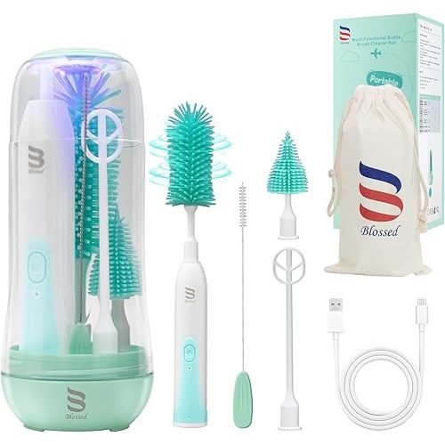 Electric Bottle Brush Cleaner with UV Light, Rechargeable Baby Bottle Brush Set for Travel, Waterproof Baby Bottle Cleaner with 2 Brush Head, Straw Brush, Pouch, Mixing Head and Storage Box