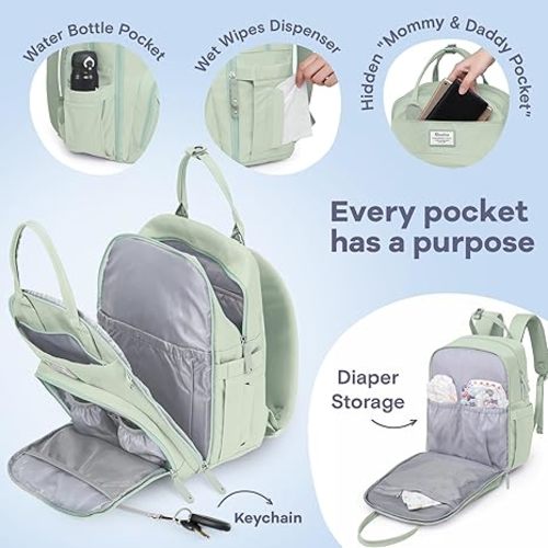 RUVALINO Diaper Bag Backpack, Multifunction Travel Pack Maternity Baby Changing Bags, Large Capacity, Waterproof, Mint Green