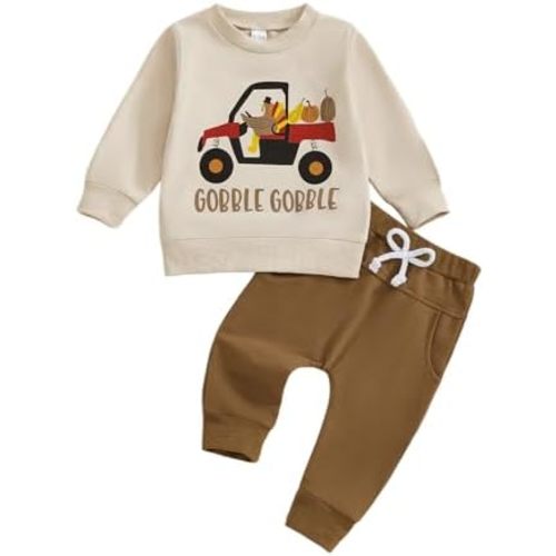 Kuriozud Toddler Baby Boy Thanksgiving Outfit Little Turkey Shirt Long Sleeve Sweatshirt Pants Set Newborn Boy Fall Clothes